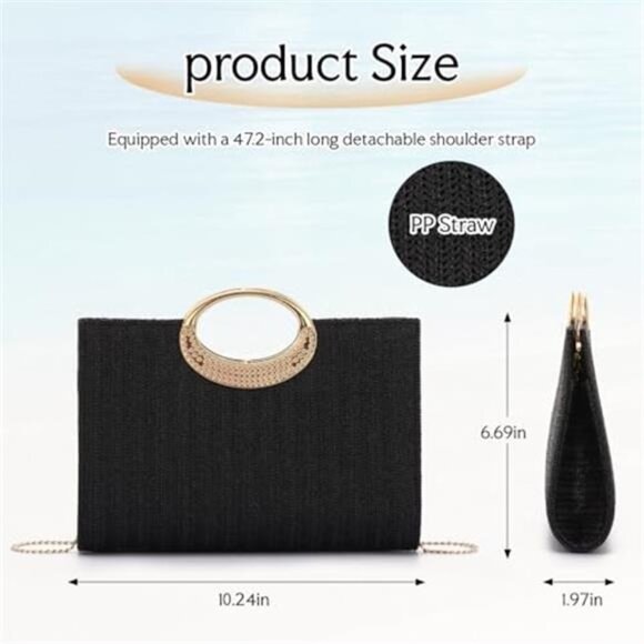 Straw Top Handle Clutch Purse Summer Beach Evening Handbag Women Black - Picture 5 of 9